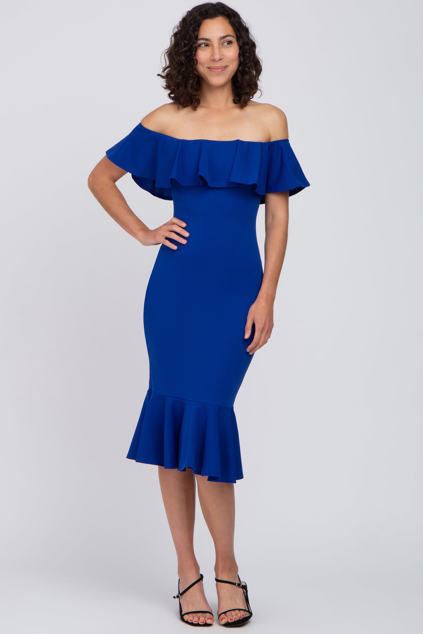 Royal Blue Ruffle Off Shoulder Mermaid Hem Maternity Dress – PinkBlush Royal Blue Ruffle Off Shoulder Mermaid Hem Maternity Dress – PinkBlush