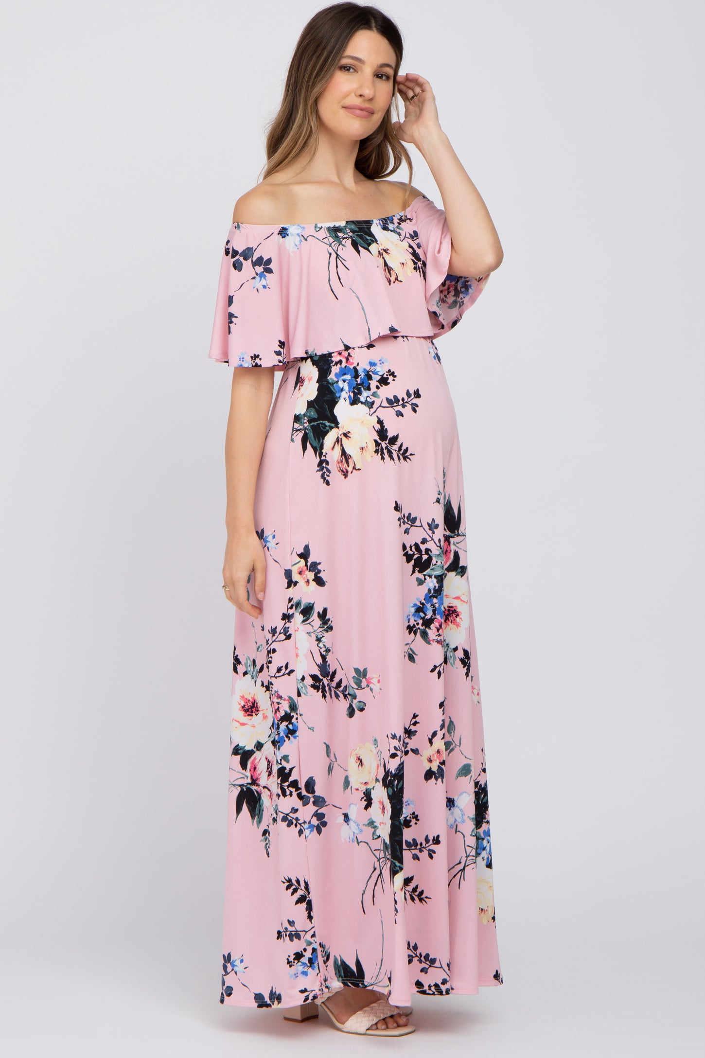 Pink Floral Flounce Off Shoulder Maternity Maxi Dress