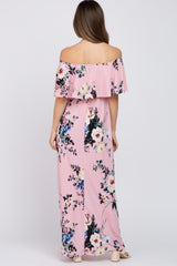 Pink Floral Flounce Off Shoulder Maternity Maxi Dress
