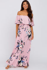 Pink Floral Flounce Off Shoulder Maternity Maxi Dress