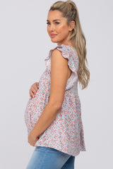 Light Blue Floral Ruffle Shoulder Babydoll Maternity Top
