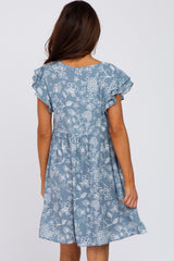 Blue Floral Ruffle Sleeve Dress