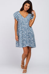 Blue Floral Ruffle Sleeve Dress