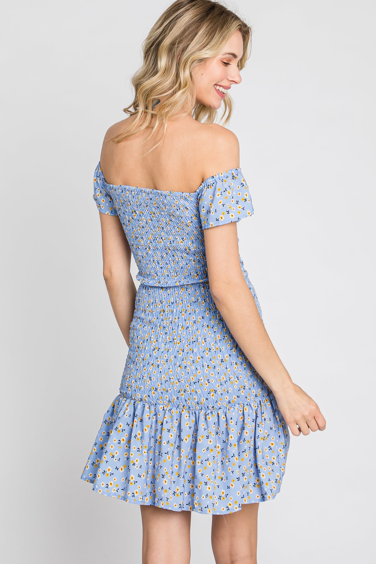 Light Blue Ditsy Floral Off Shoulder Dress