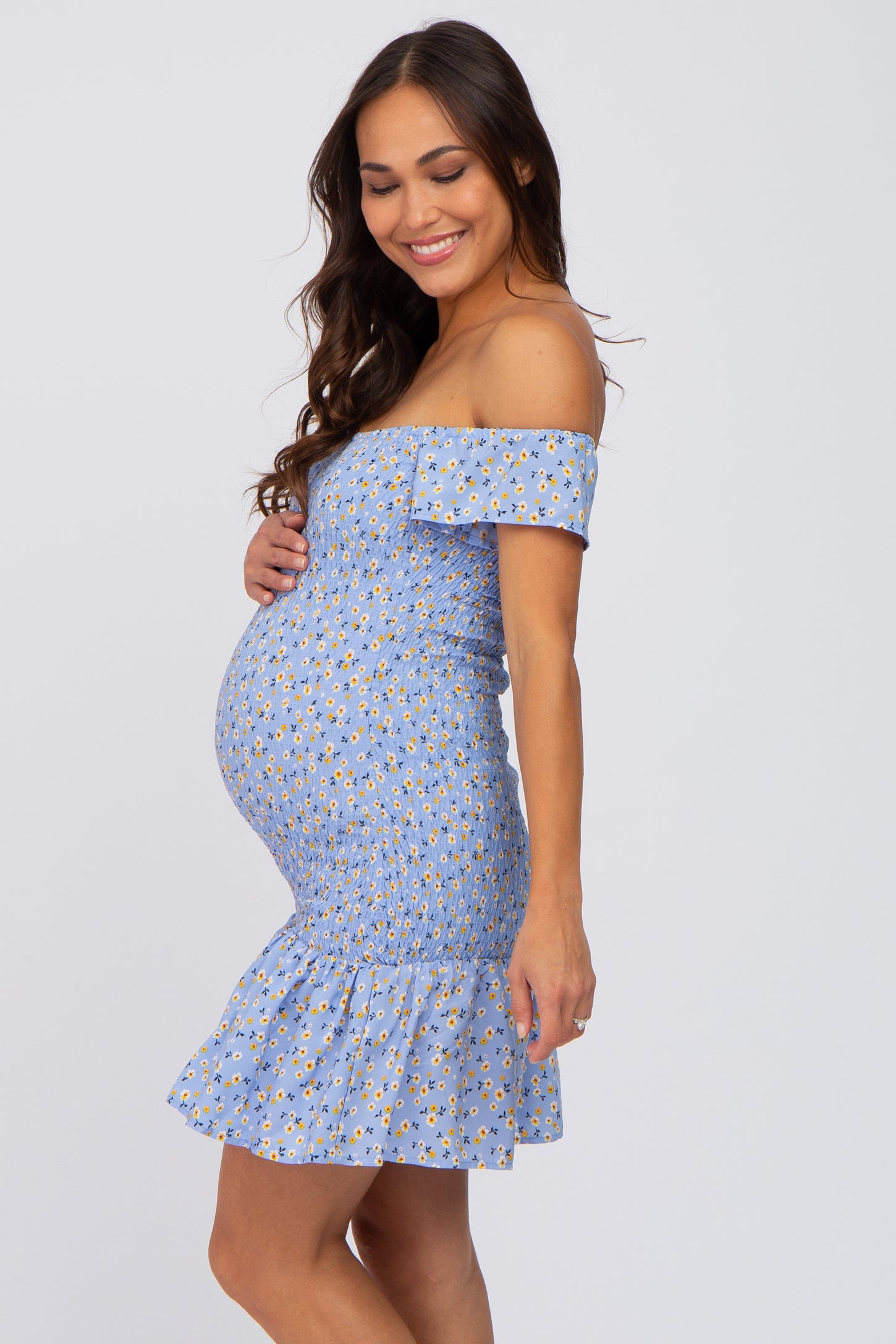 Light Blue Ditsy Floral Off Shoulder Maternity Dress