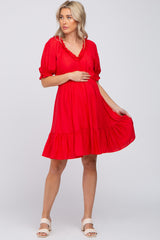 Red Ruffle Accent Maternity Dress