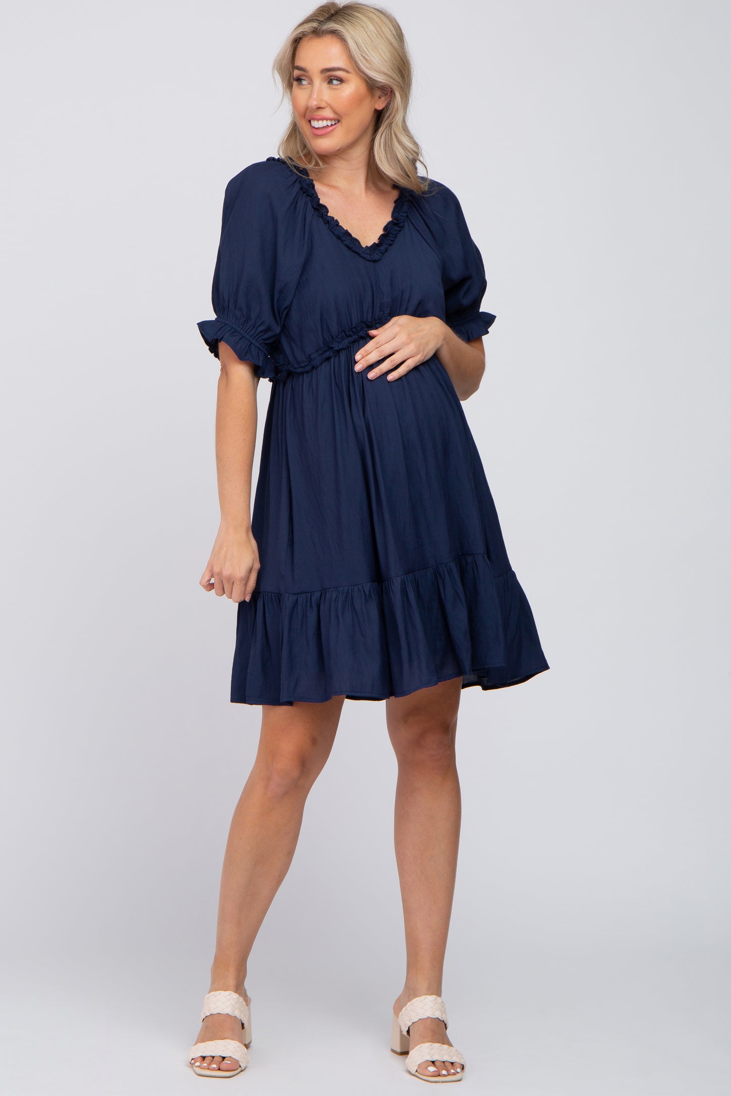 Navy Ruffle Accent Maternity Dress