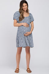 Blue Floral Crochet Accent Maternity Dress