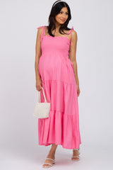 Pink Tiered Shoulder Tie Maternity Dress