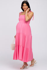 Pink Tiered Shoulder Tie Maternity Dress