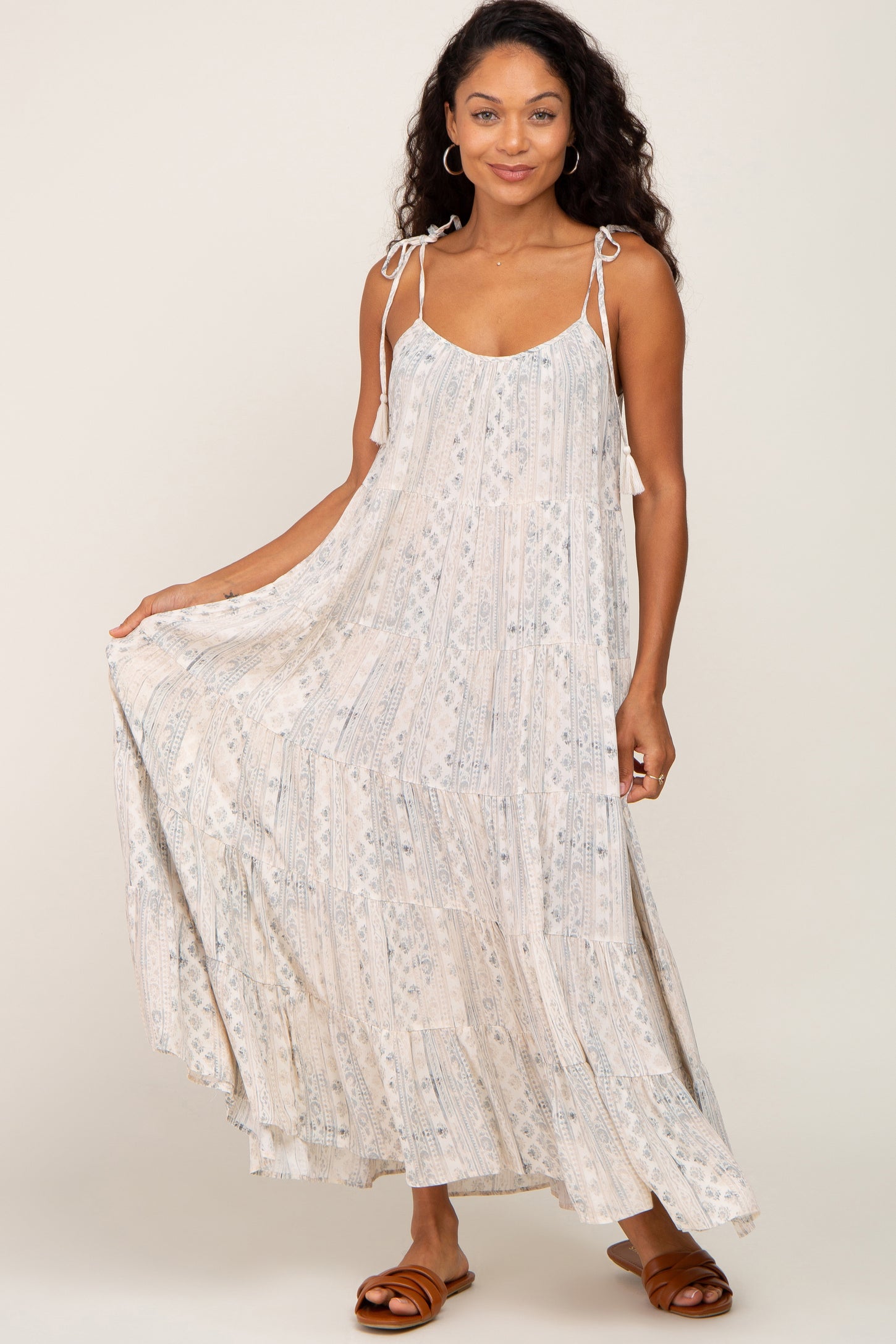 Taupe Printed Tiered Maxi Dress
