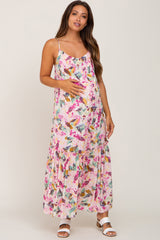 Pink Floral Smocked Accent Maternity Maxi Dress
