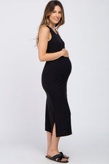 Black Ribbed Side Slit Maternity Midi Dress