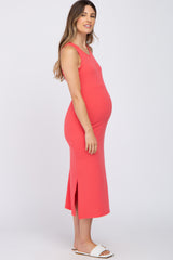 Coral Ribbed Side Slit Maternity Midi Dress