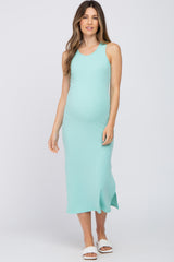 Mint Green Ribbed Side Slit Maternity Midi Dress