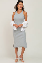Heather Grey Ribbed Side Slit Midi Dress