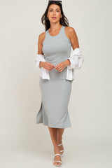 Heather Grey Ribbed Side Slit Midi Dress