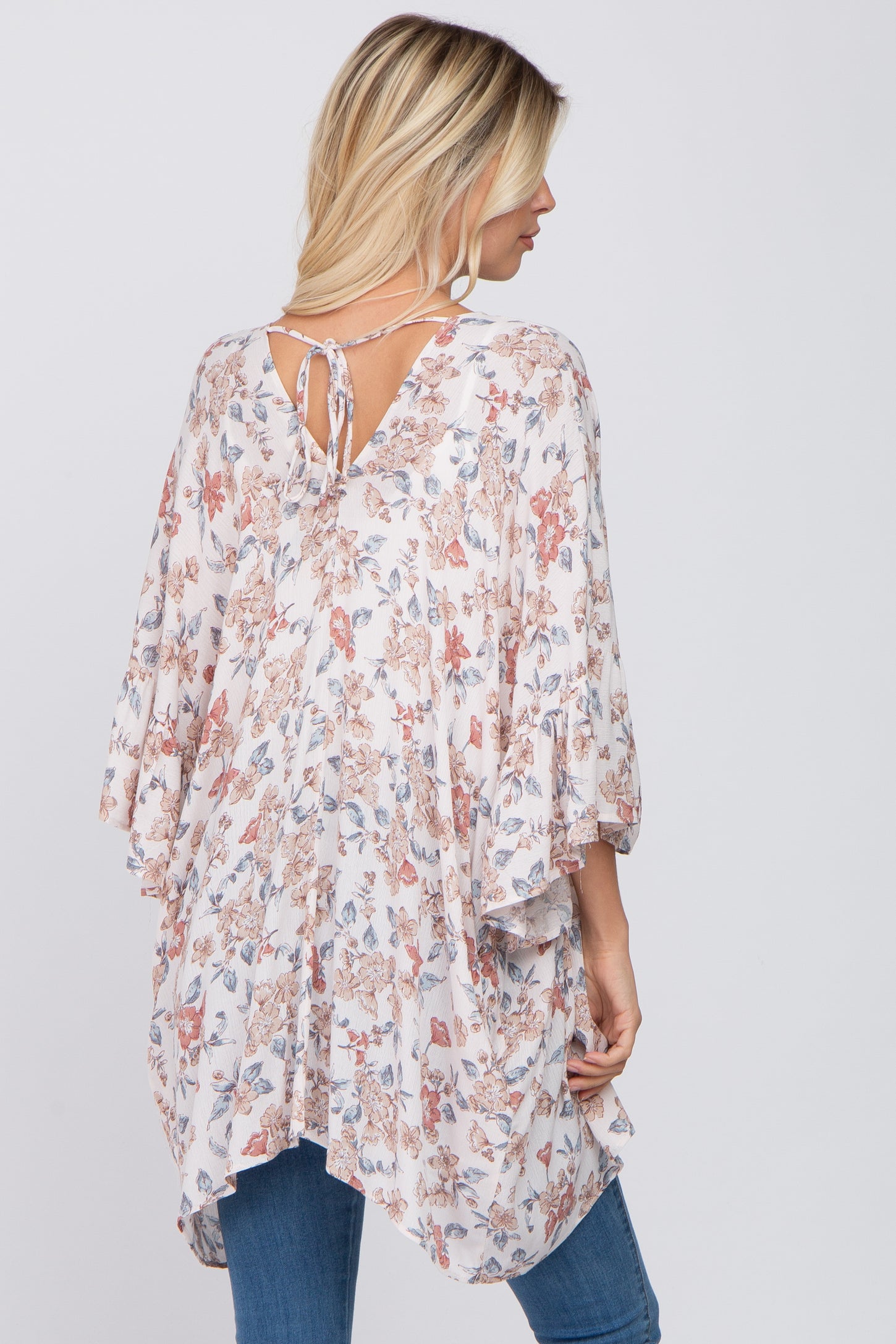 Ivory Floral Ruffle Sleeve Back Tie Cover Up