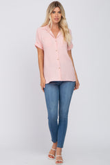 Pink Collared Button-Down Short Sleeve Blouse