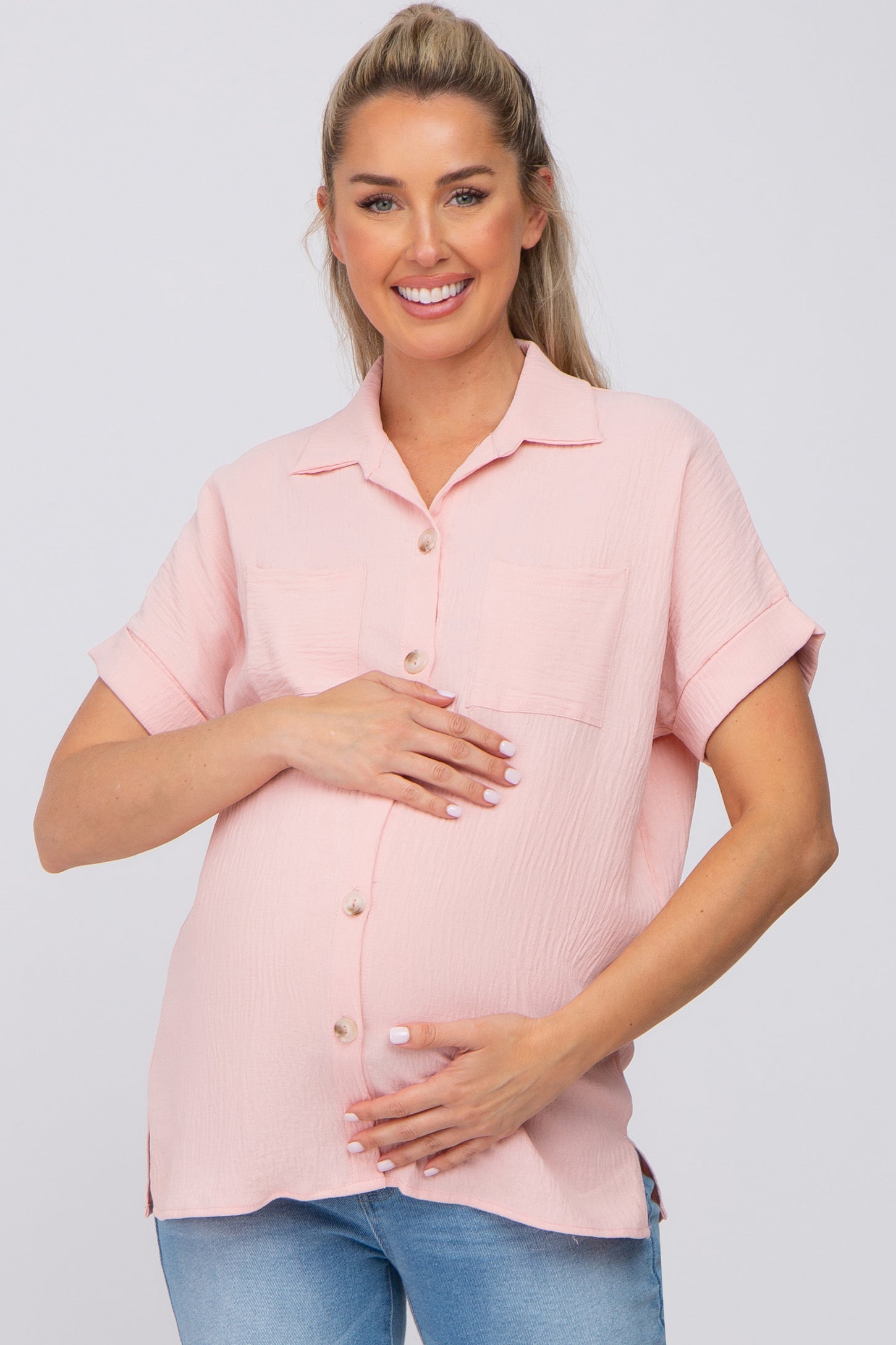 uddrag aIDS Fortrolig Pink Collared Button-Down Short Sleeve Maternity Blouse – PinkBlush