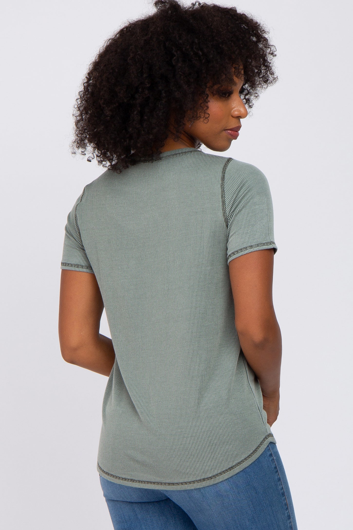 Olive Ribbed Front Pocket Short Sleeve Top