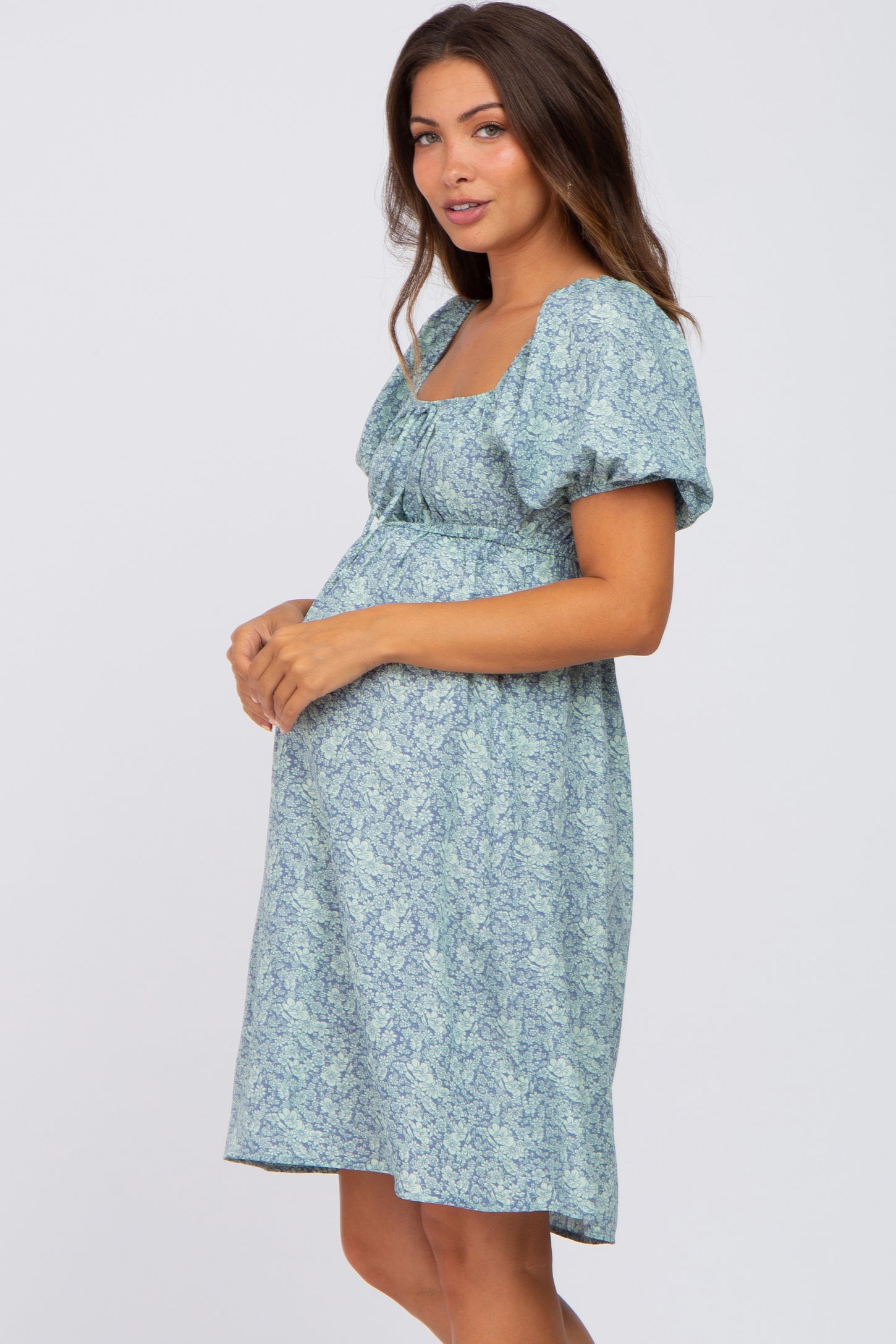 Blue Floral Tie Front Maternity Dress
