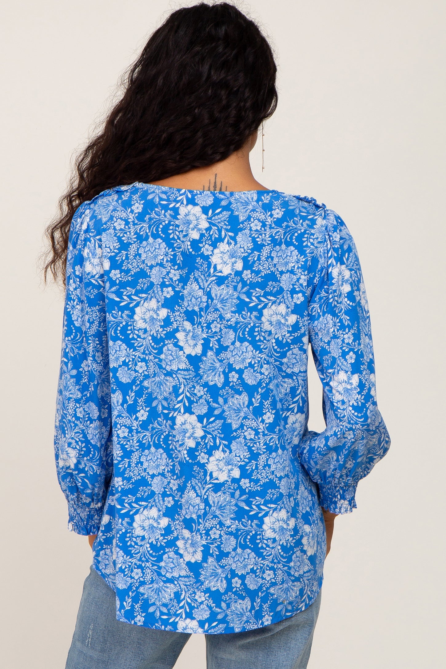 Blue Floral Paisely Button Front 3/4 Sleeve Blouse