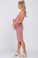 Mauve Folded Off Shoulder Waist Tie Maternity Midi Dress