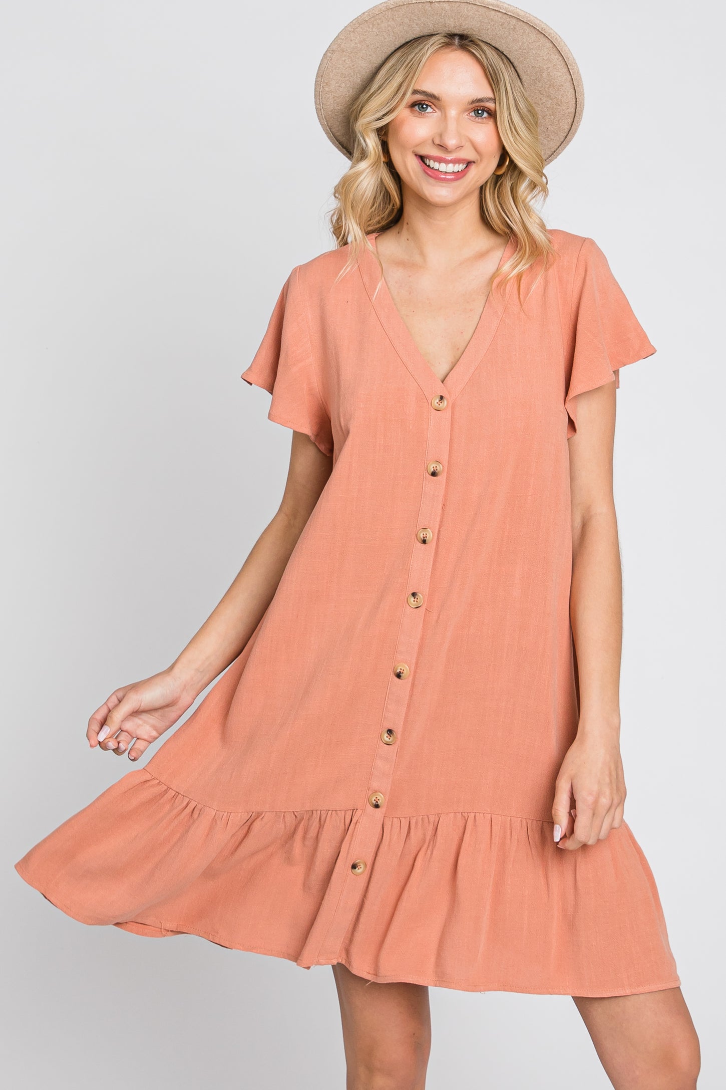 Salmon Button Accent Ruffle Hem Dress