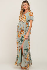 Sage Floral Chiffon Short Sleeve Maternity Maxi Dress