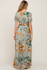 Sage Floral Chiffon Short Sleeve Maternity Maxi Dress