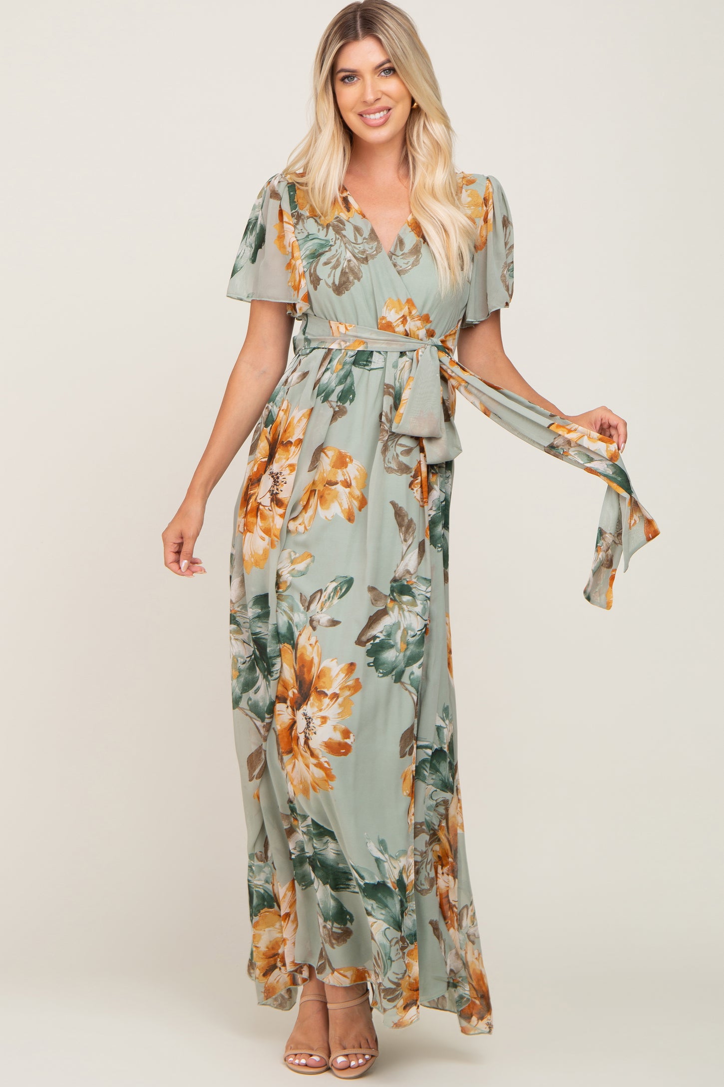 Sage Floral Chiffon Short Sleeve Maternity Maxi Dress