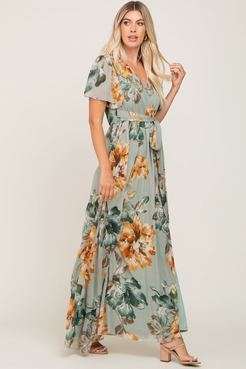 Sage Floral Chiffon Short Sleeve Maxi Dress– PinkBlush