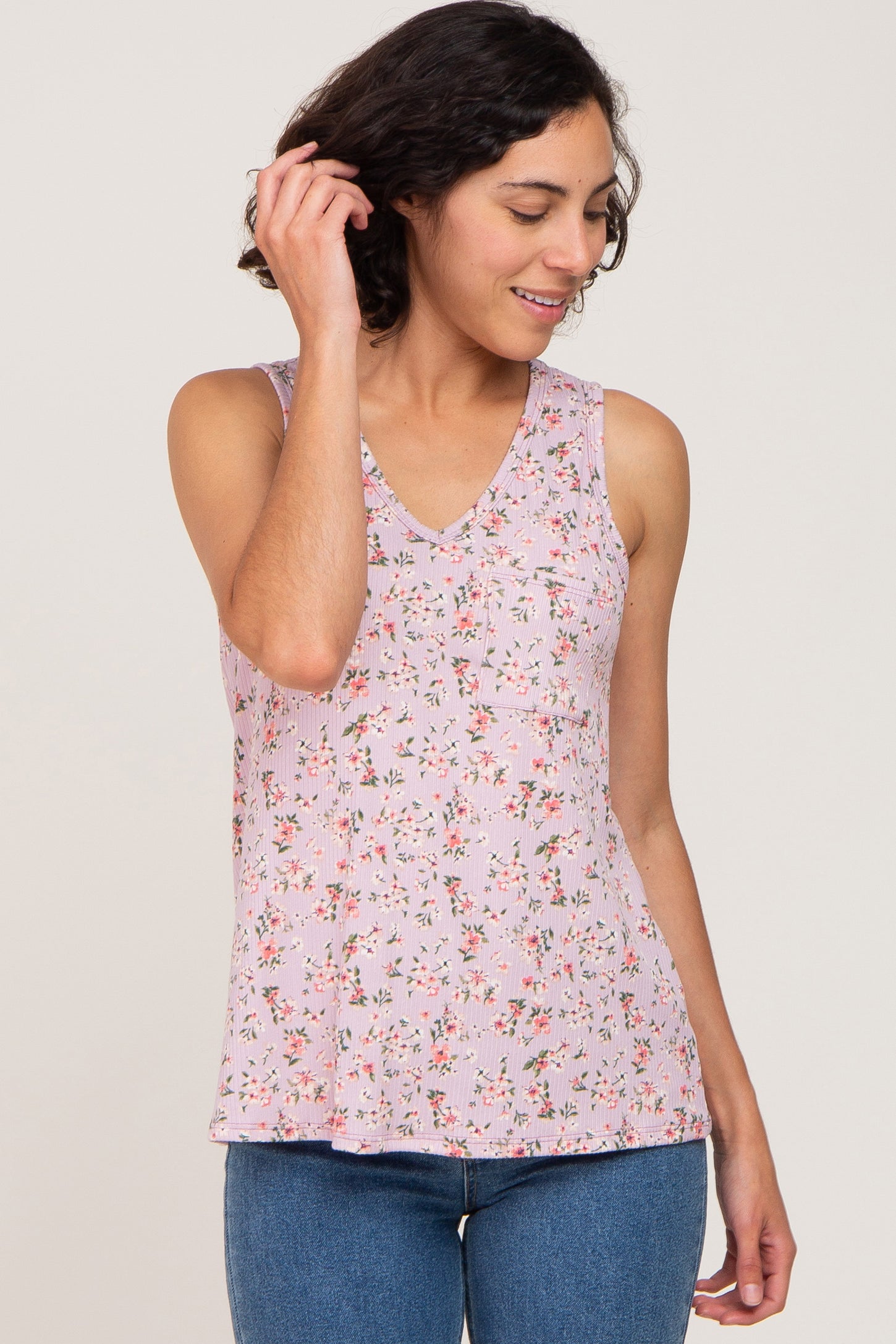 Lavender Floral Sleeveless Ribbed Maternity Top– PinkBlush