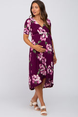 Plum Floral Hi-Low Maternity Midi Dress