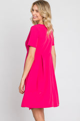 Fuchsia Short Sleeve Front Pleat Dress