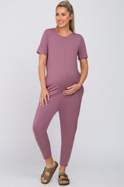 Mauve Basic Short Sleeve Maternity Jumpsuit