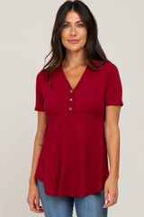 PinkBlush Burgundy Ribbed Button Accent Blouse