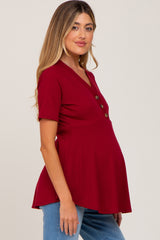 PinkBlush Burgundy Ribbed Button Accent Maternity Blouse