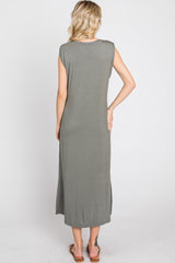 Olive Sleeveless Front Pocket Midi Dress