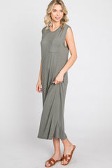 Olive Sleeveless Front Pocket Midi Dress