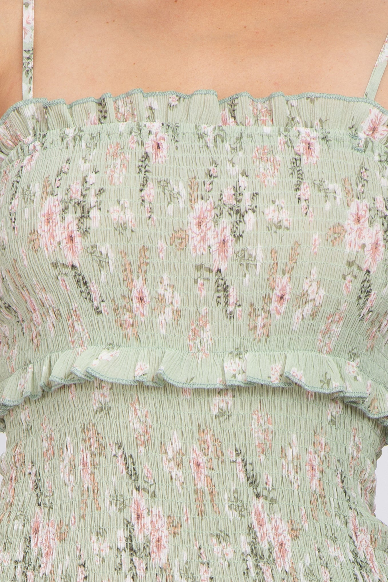 Sage Floral Smocked Fitted Midi Dress