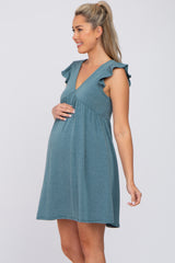 Teal Heathered Flutter Sleeve Maternity Dress