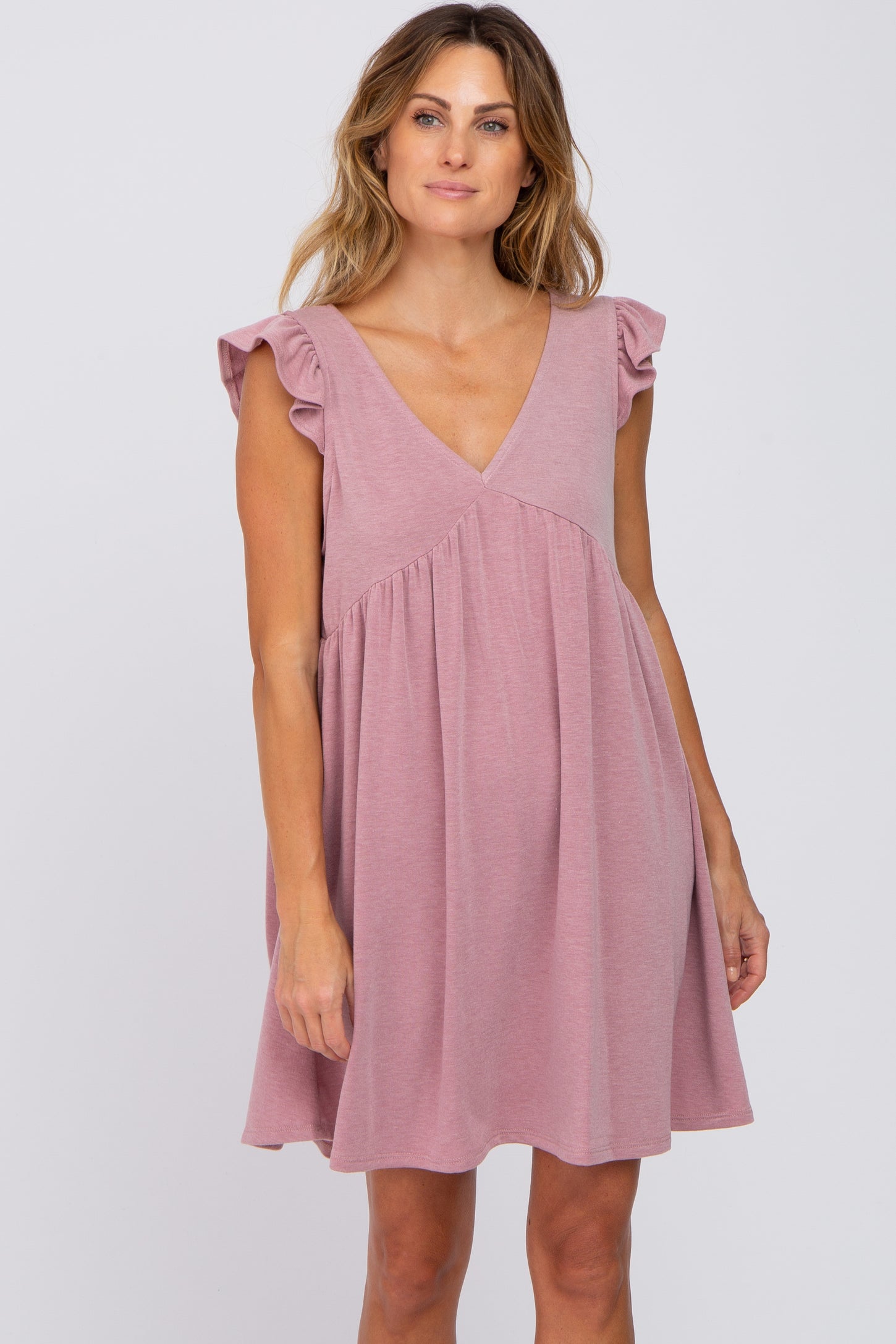Mauve Heathered Flutter Sleeve Dress