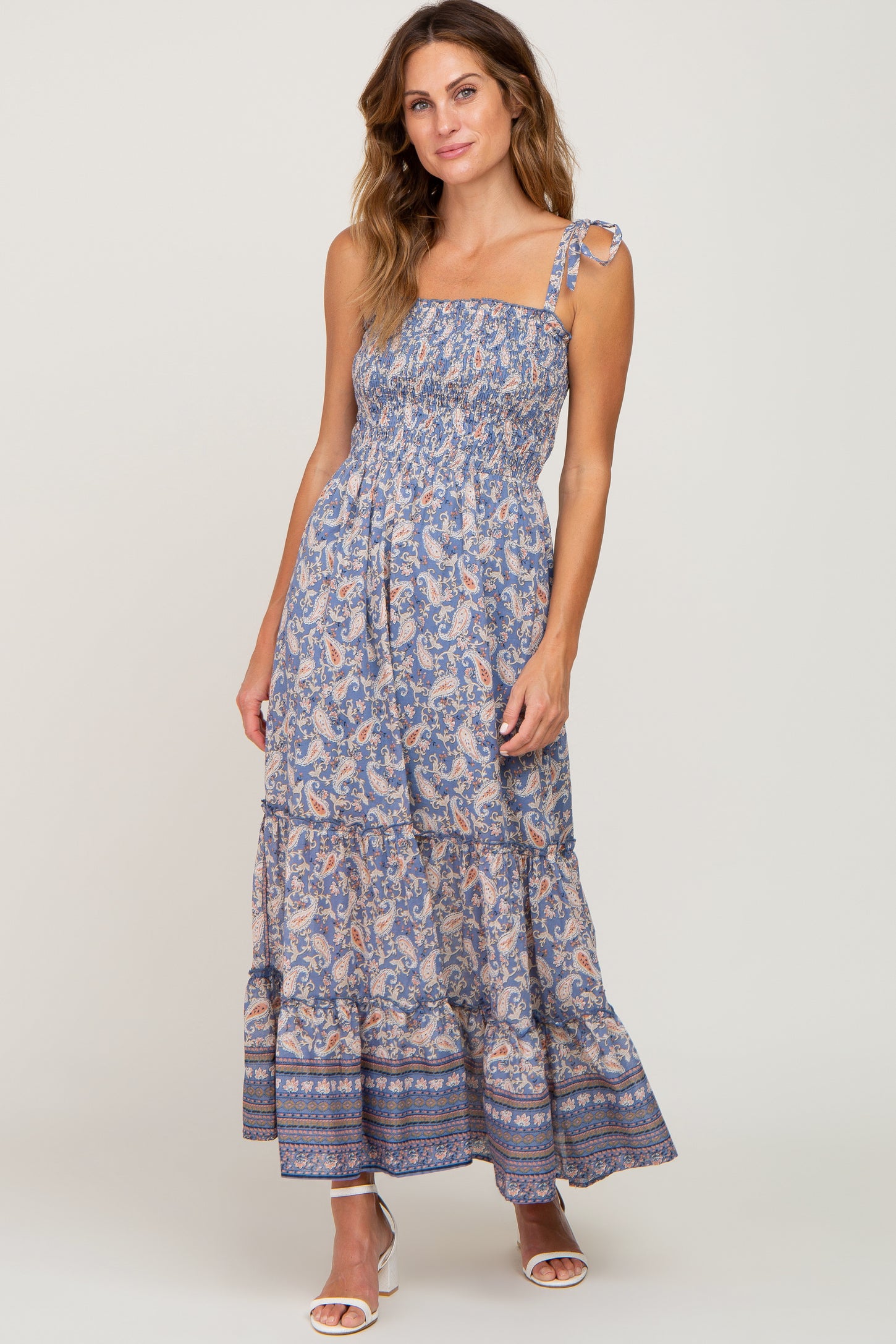 Blue Paisley Print Sleeveless Ruffle Hem Maternity Maxi Dress– PinkBlush