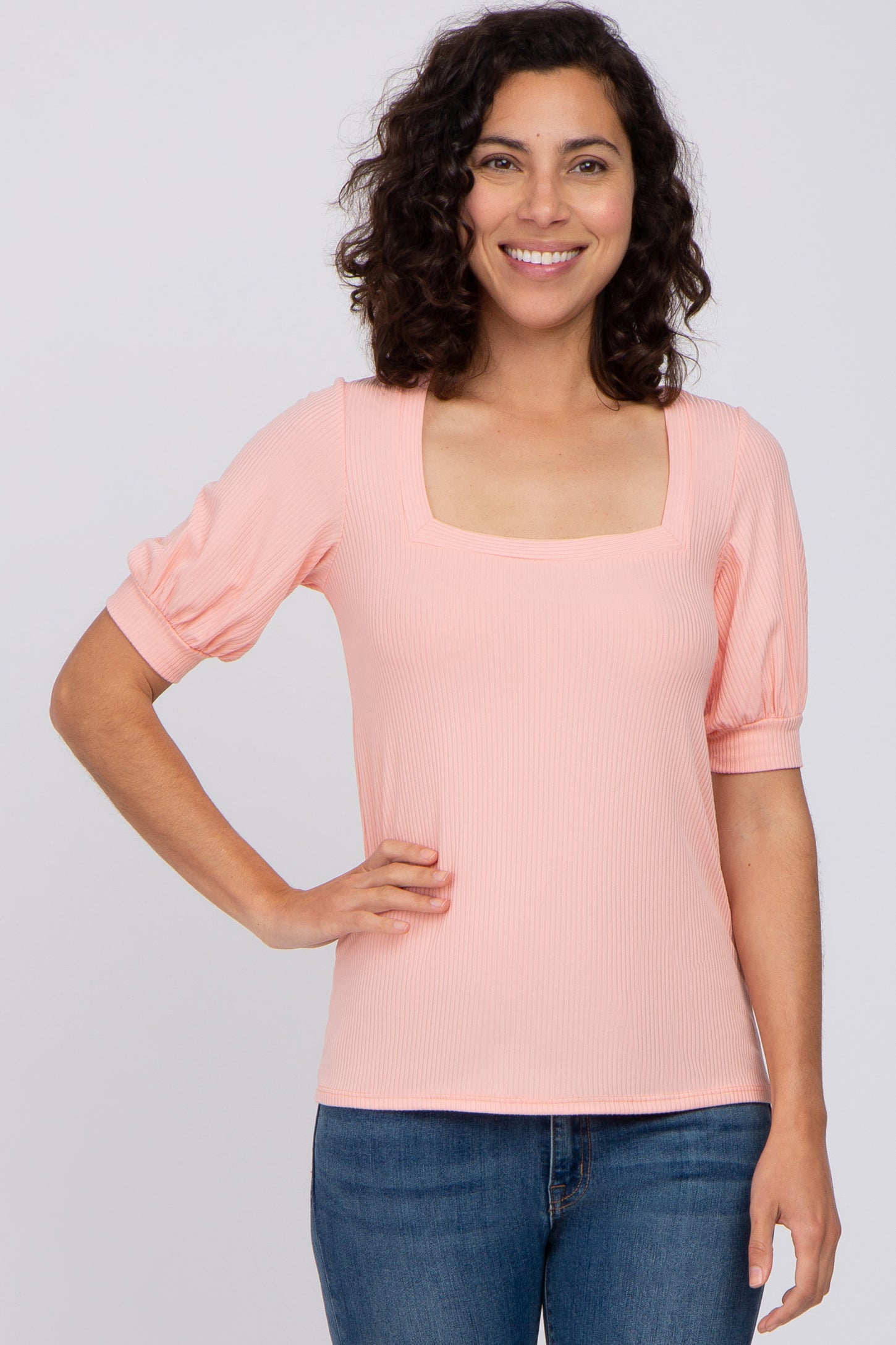 Pink Square Neck Ribbed Maternity Top