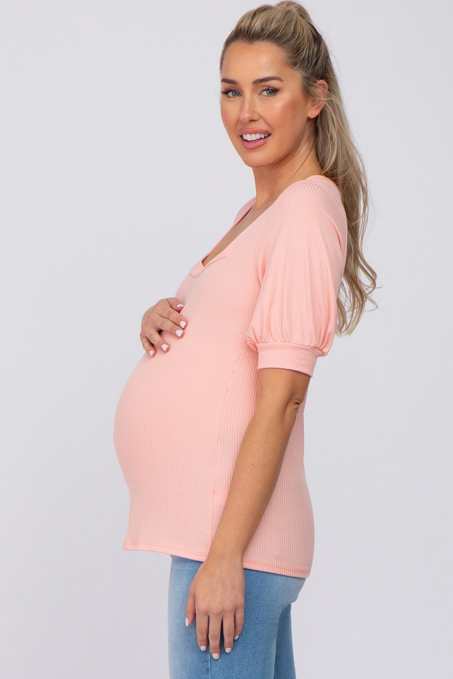 Pink Square Neck Ribbed Maternity Top