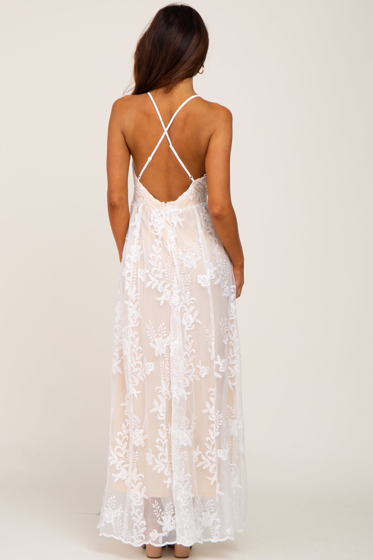 Ivory Lace Overlay Deep V-Neck Maxi Dress