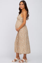 Grey Floral V-Neck Button Front Maternity Midi Dress