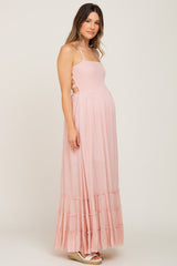 Light Pink Halter Smocked Maternity Maxi Dress